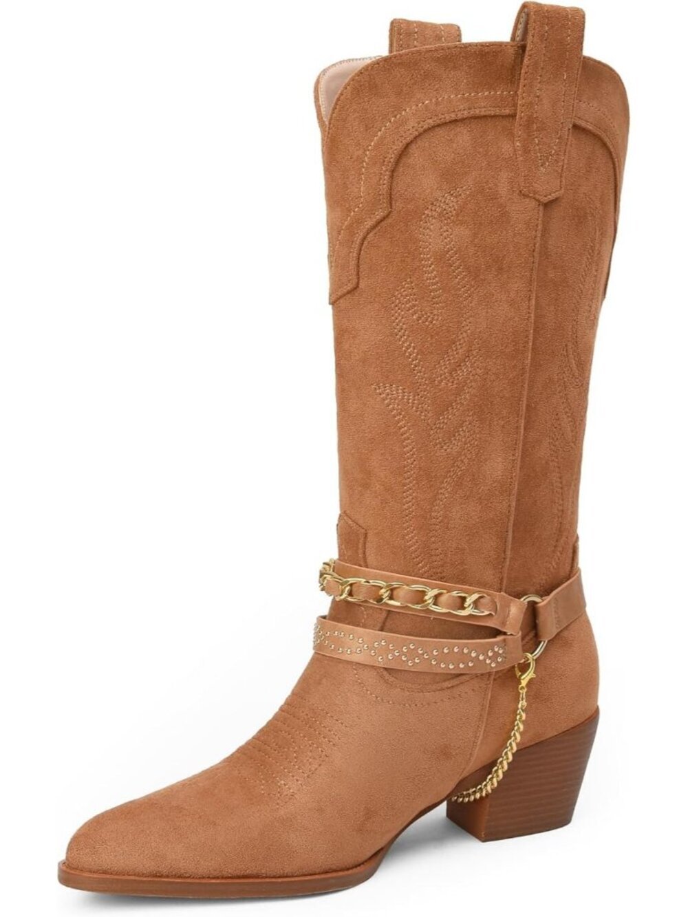 Women's Brown Western Boots with Embroidered, Pull on Style, Faux Leather
